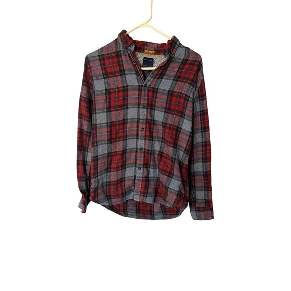 Denim Flower Flannel Shirt Mens Small Red Plaid Long Sleeve Button Up Slim - Picture 1 of 6